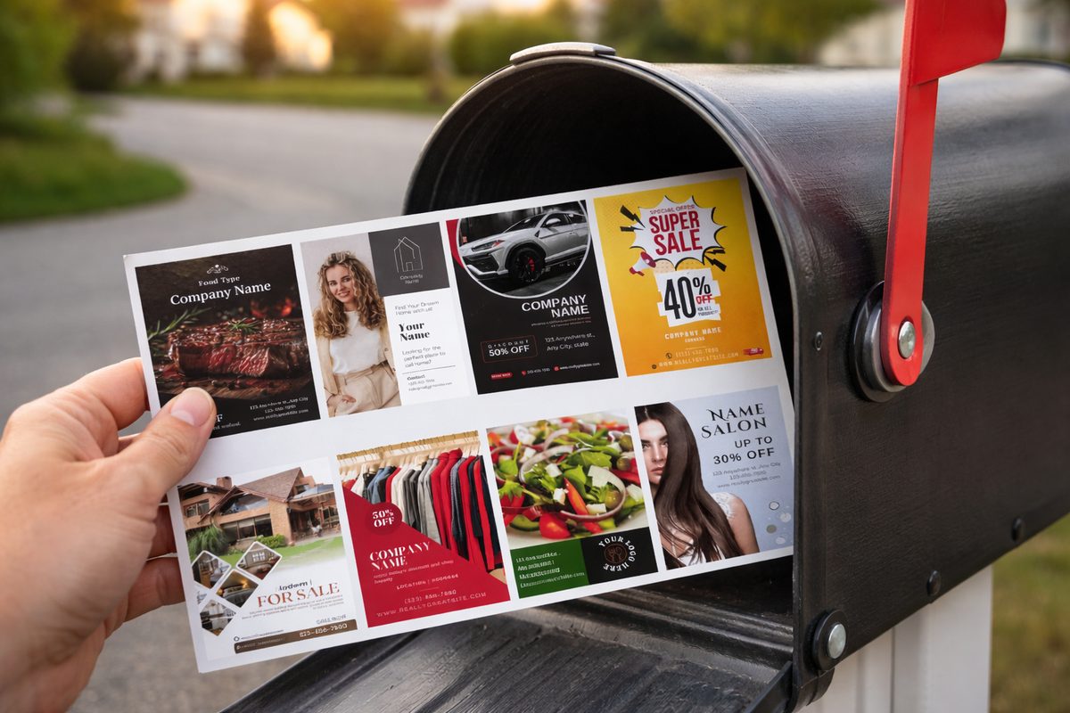 A hand lifting the shared 9x12 postcard out of a mailbox, showing several local businesses on one card