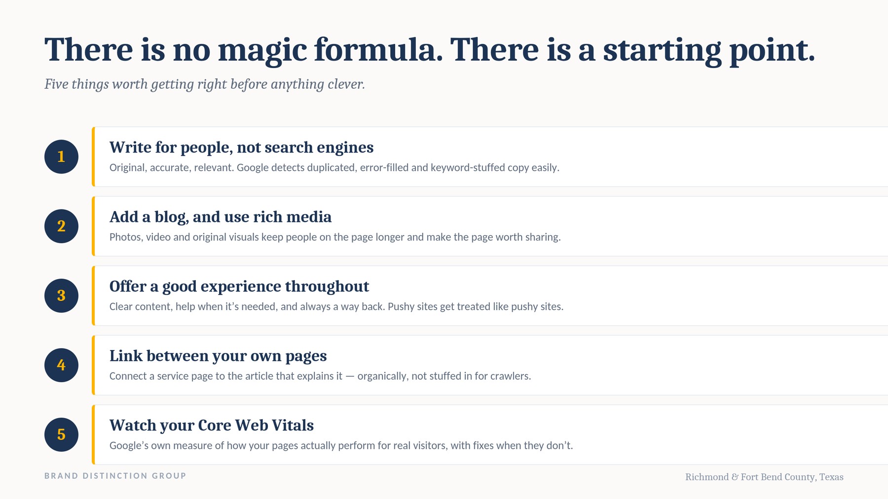 Five fundamentals worth getting right before anything clever.
